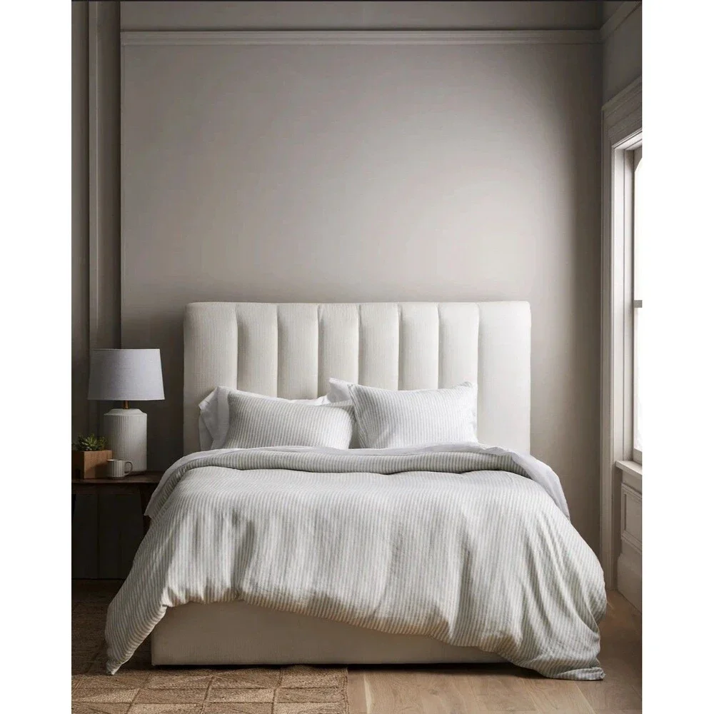 Quince King Cal King European Linen Duvet Cover Set Mist White Stripe RARE